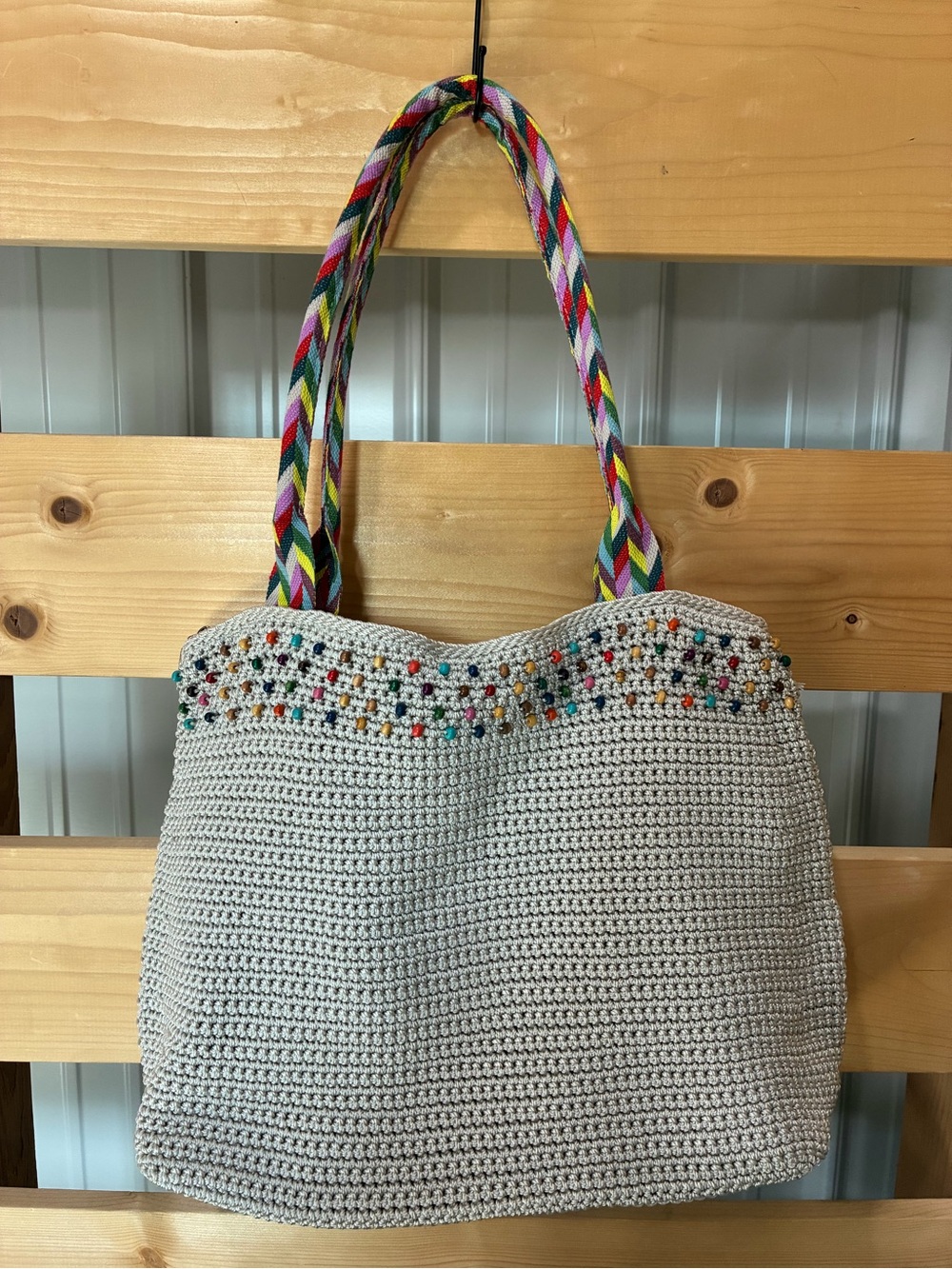 The Sak Cream Crochet Tote with Multicolor Braided Straps